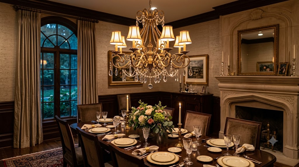 Brass Chandelier Over Dining Table Statement